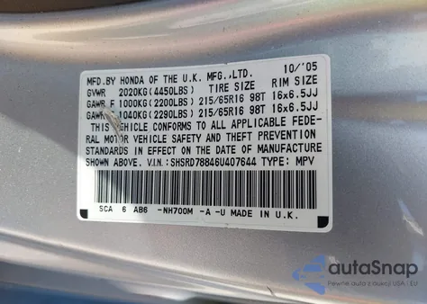 2006 Honda Cr-V Ex z USA, uszkodzony, nr VIN SHSRD78846U407644